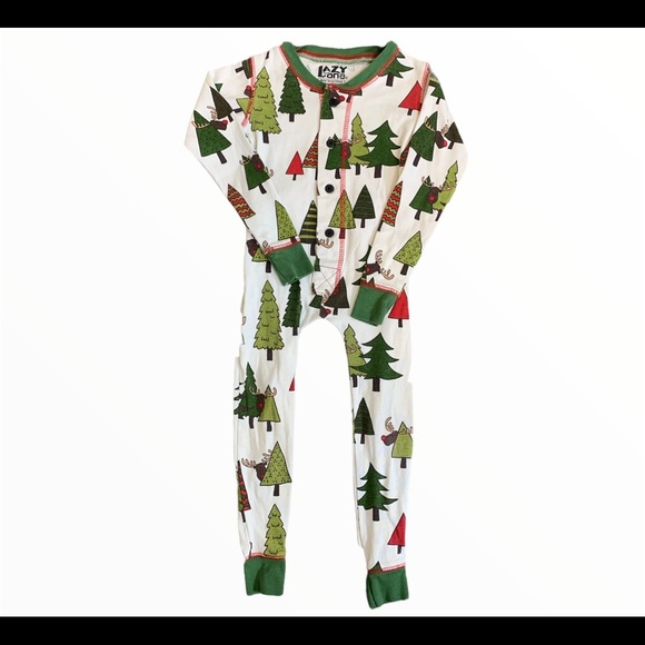 LAZY ONE Flap Jack Reindeer No Peeking Forest Tree Print Onesie Ivory/Green 2T - Picture 3 of 12